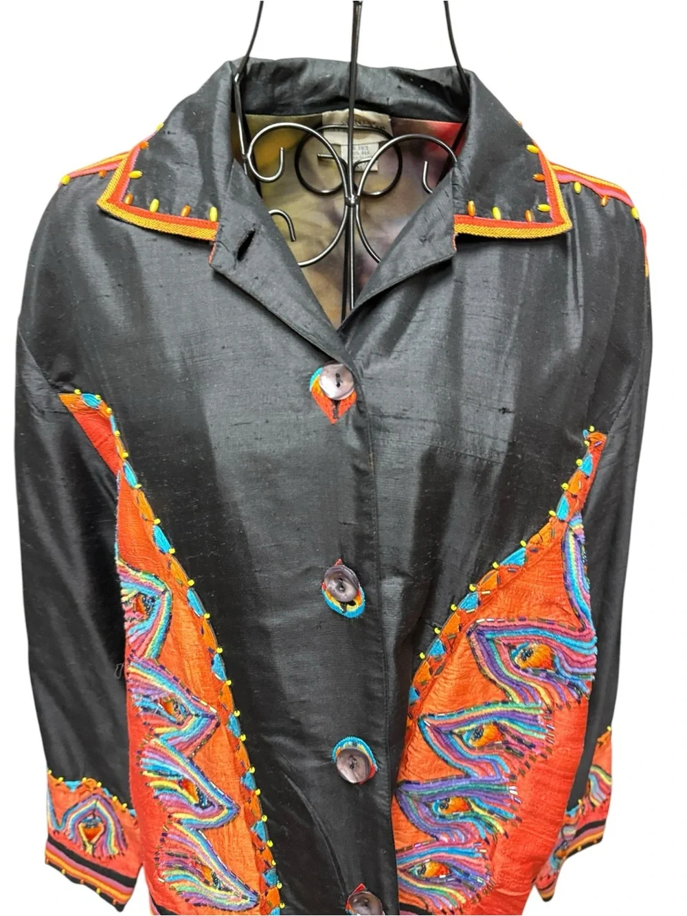 Sandy Starkman Silk Embroidered Black Jacket with Vibrant Orange Panels XL - Picture 3 of 8